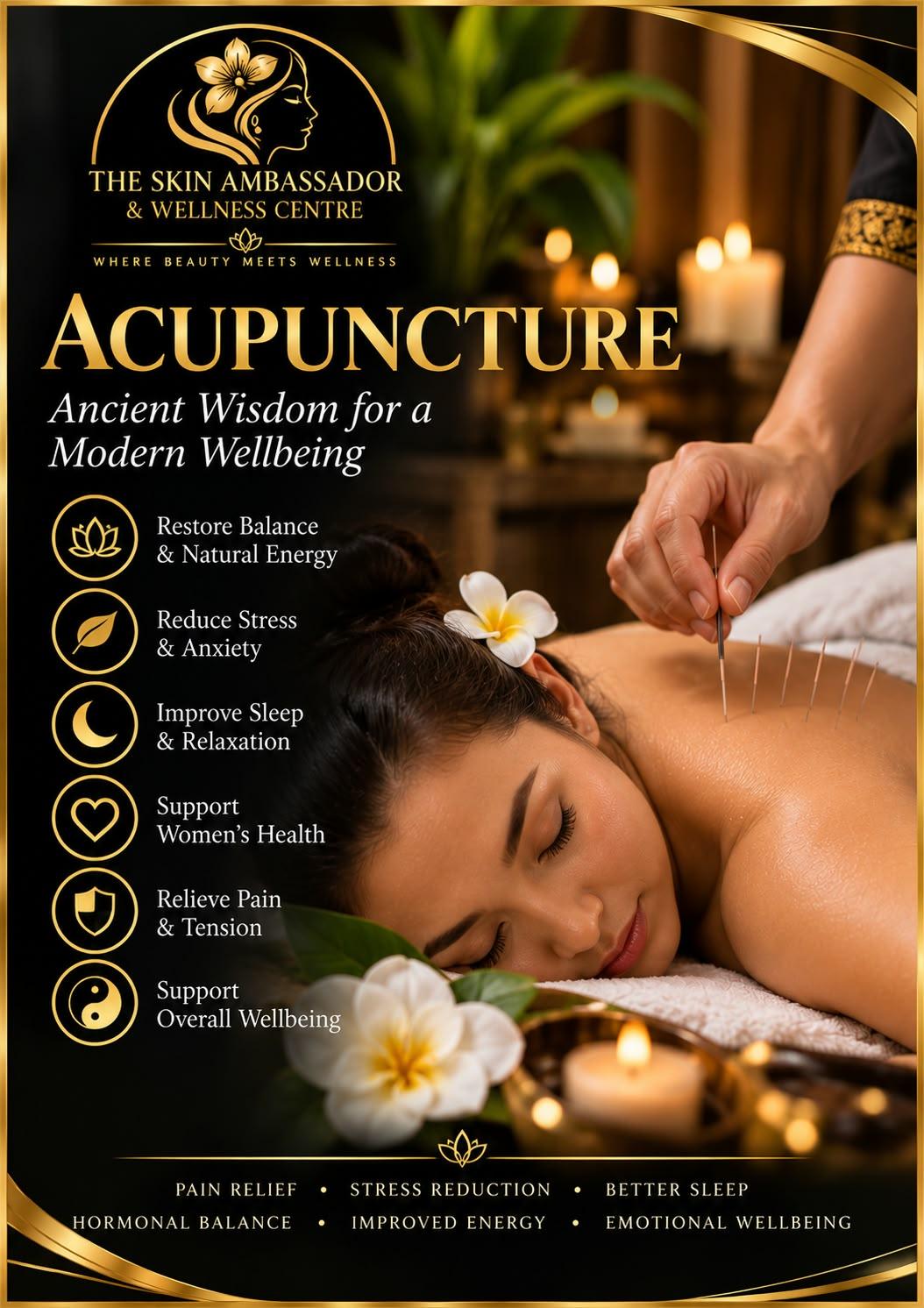 Acupuncture poster: a practitioner places fine needles along the upper back of a relaxed client, a frangipani flower in her hair.