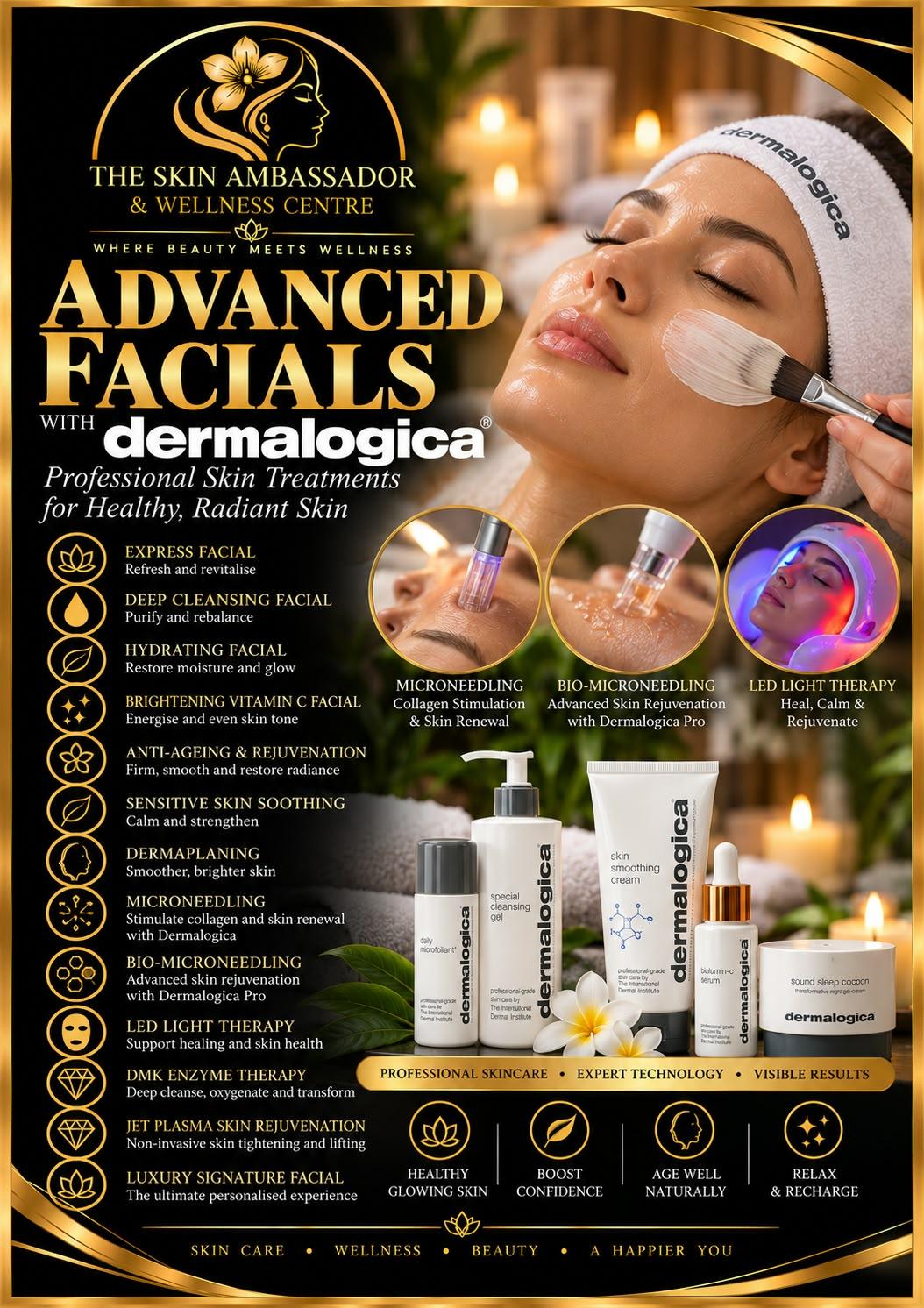 Advanced Facials with Dermalogica poster: a client relaxes as a mask is brushed on, beside Dermalogica products and close-ups of microneedling, bio-microneedling and LED light therapy.