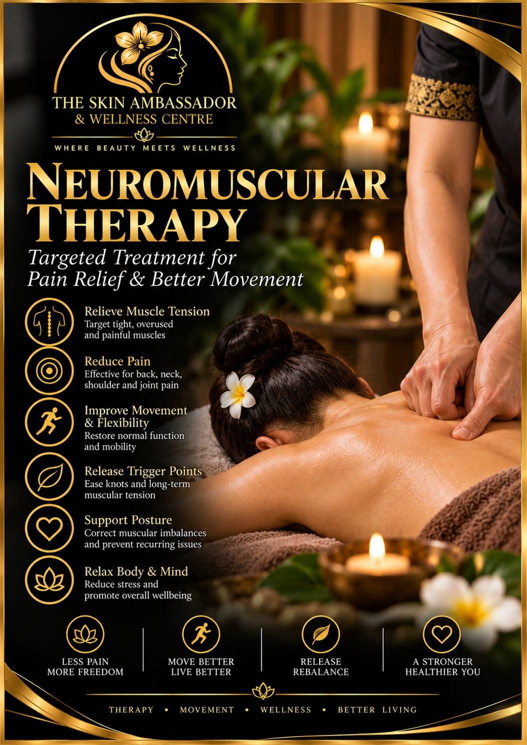 Neuromuscular Therapy poster: a therapist's hands apply focused pressure to a client's upper back, lit by candles.