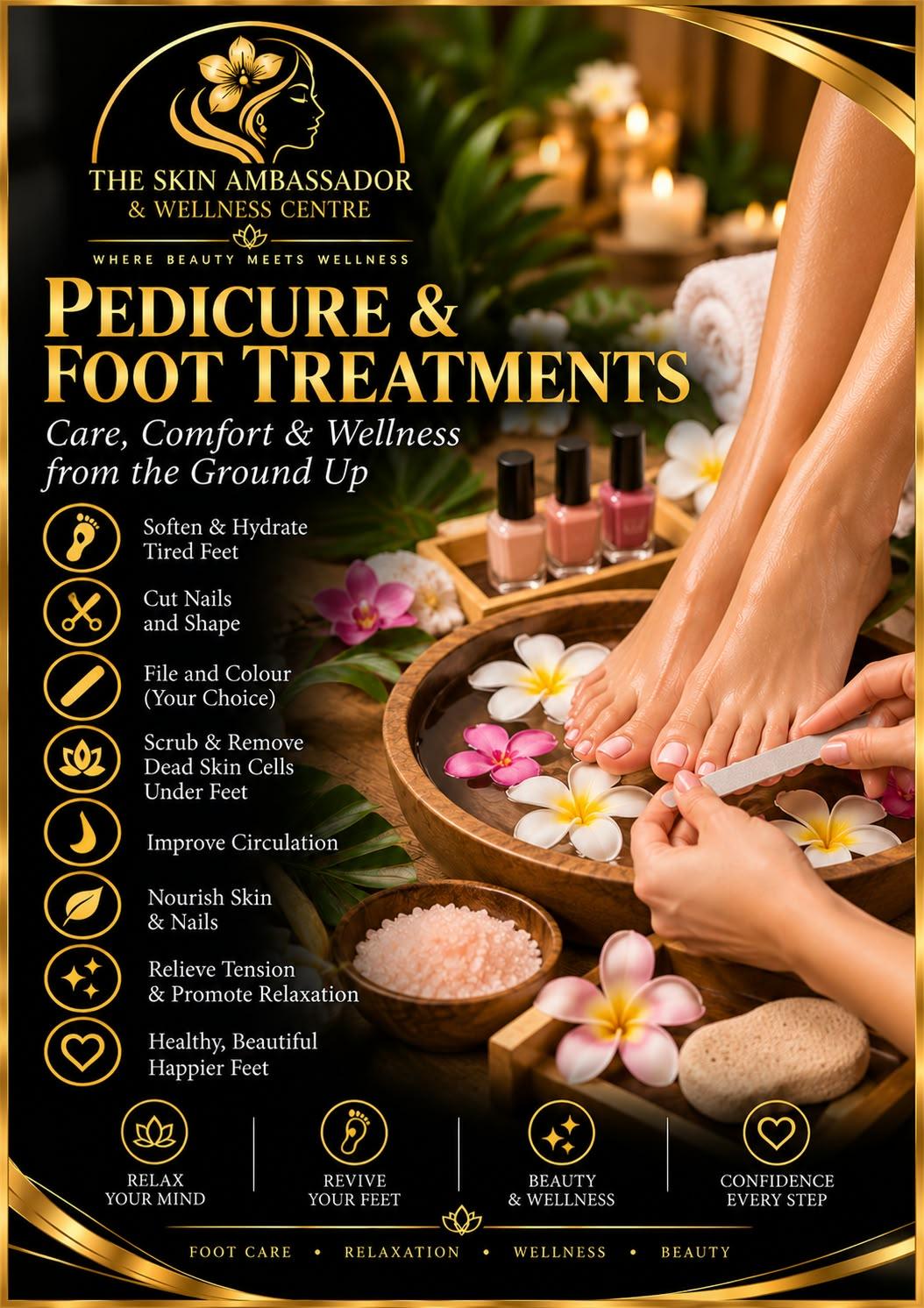 Pedicure and Foot Treatments poster: feet rest over a wooden bowl of water and frangipani flowers while a nail is filed, beside nail polishes, pink salt and a pumice stone.