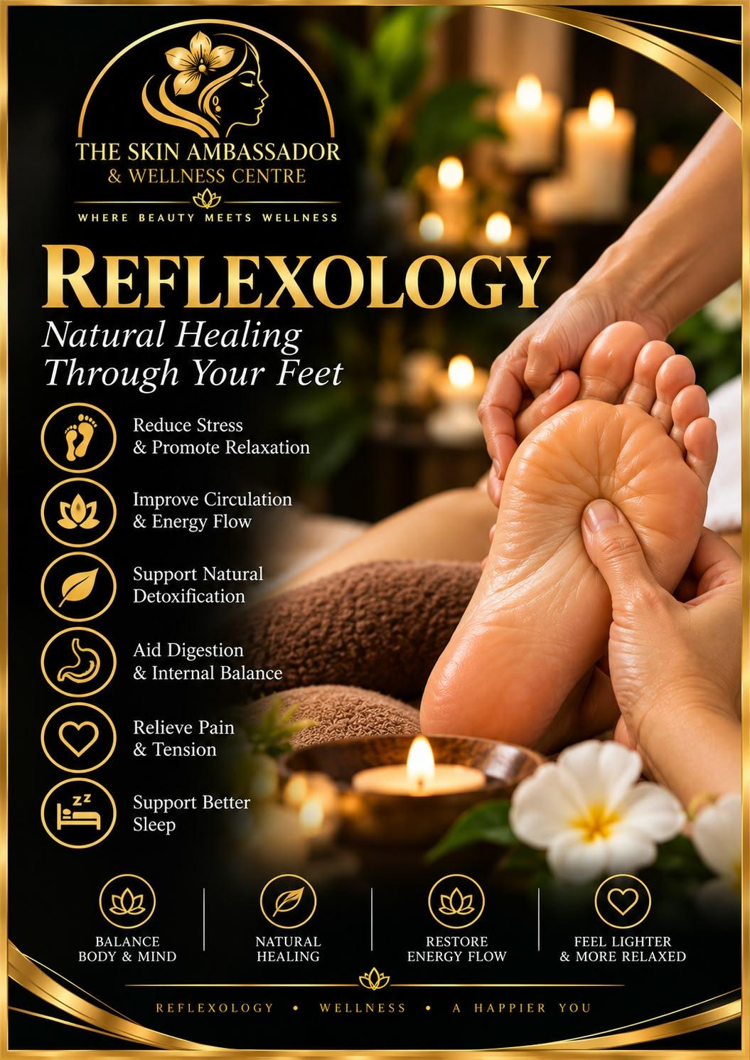 Reflexology poster: a therapist's thumbs press into the sole of a client's foot, with candles and a frangipani flower.