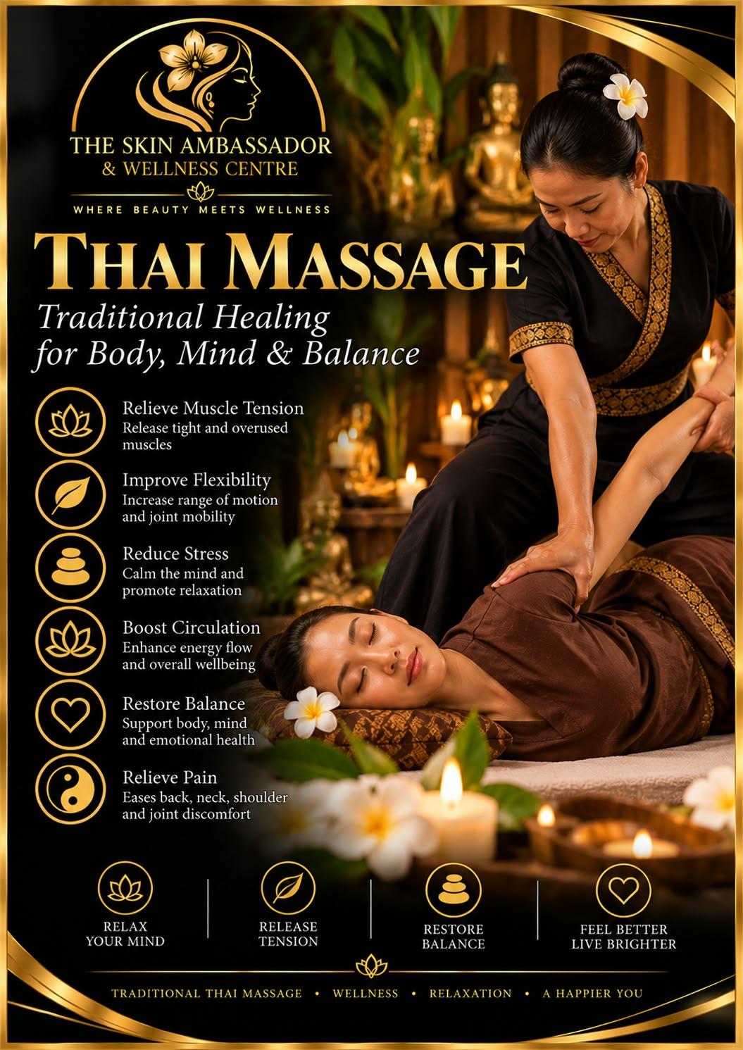 Thai Massage poster: a therapist in traditional dress guides a relaxed client through an assisted arm stretch, with candles, frangipani flowers and golden statues behind.